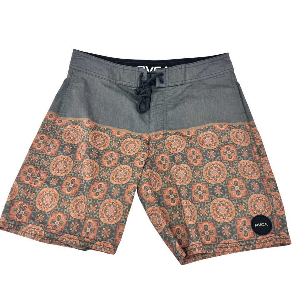 RVCA Men's Board Shorts Size 28 Gray Orange Pattern Swim Trunks‎